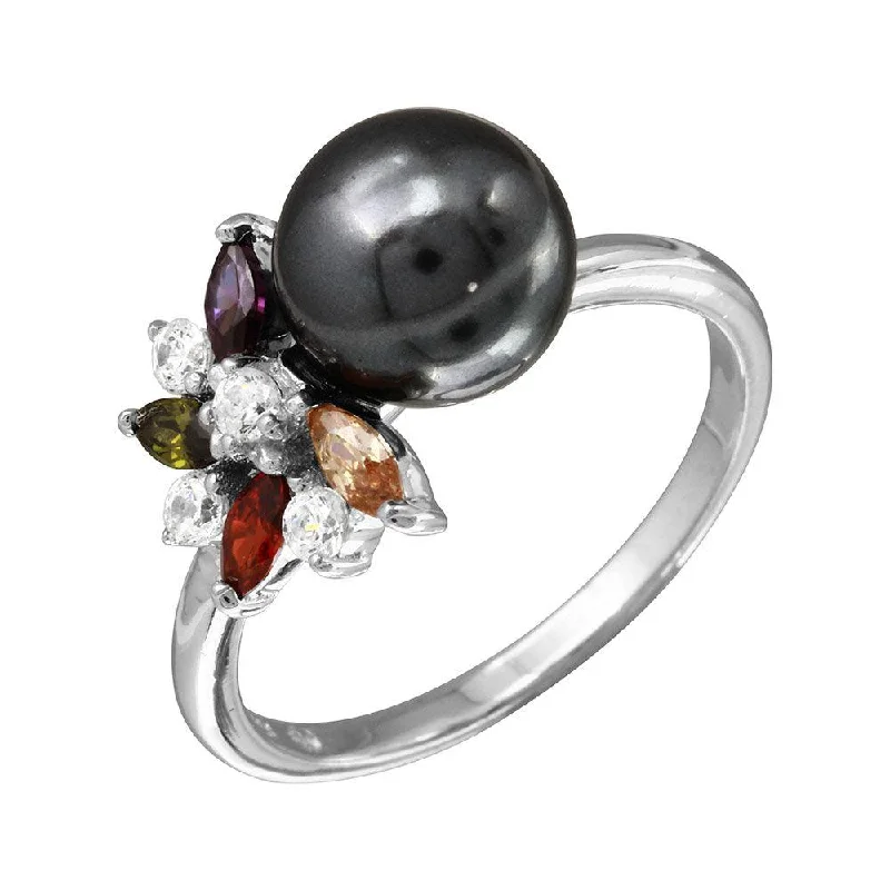 ladies ring carved white gold-Rhodium Plated 925 Sterling Silver Multi Color CZ Flower Ring with Black Synthetic Pearl - BGR01097