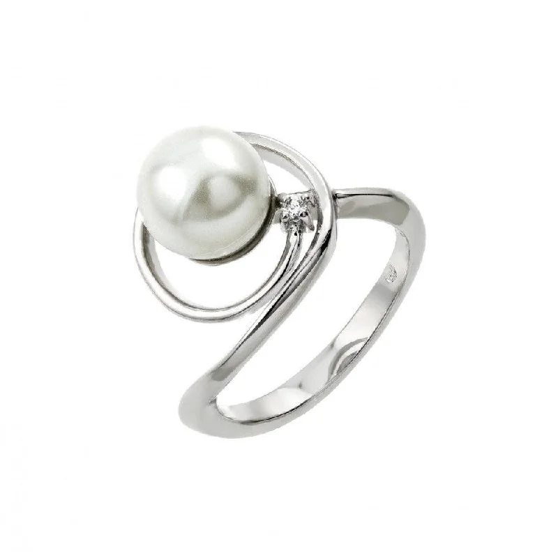 ladies ring shimmering zirconia-Silver 925 Rhodium Plated Loop Synthetic Pearl Ring - BGR00907