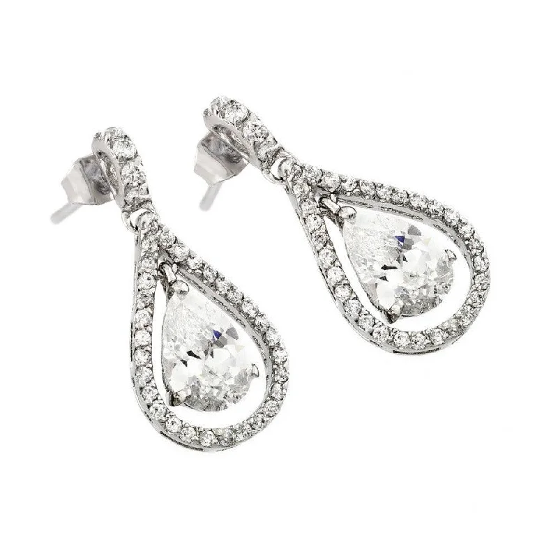 ladies-rose-gold-star-earrings-Silver 925 Rhodium Plated Channel Teardrop CZ Dangling Stud Earrings - BGE00366C