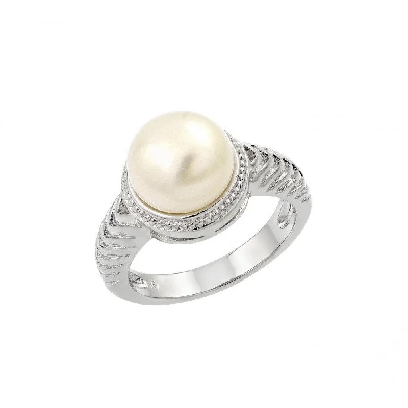 ladies ring name engraved band-Silver 925 Rhodium Plated Fresh Water Pearl Center Rope Ring - BGR00908