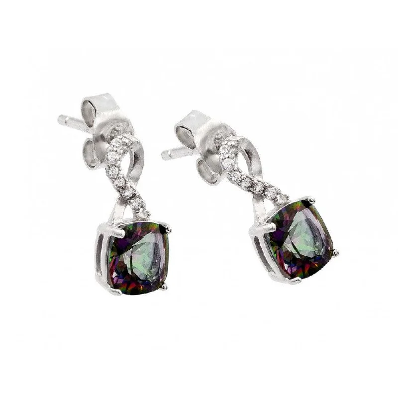 ladies-silver-flower-earrings-Silver 925 Rhodium Plated Synthetic Mystic Topaz Dangling Stud Earrings - STE00945