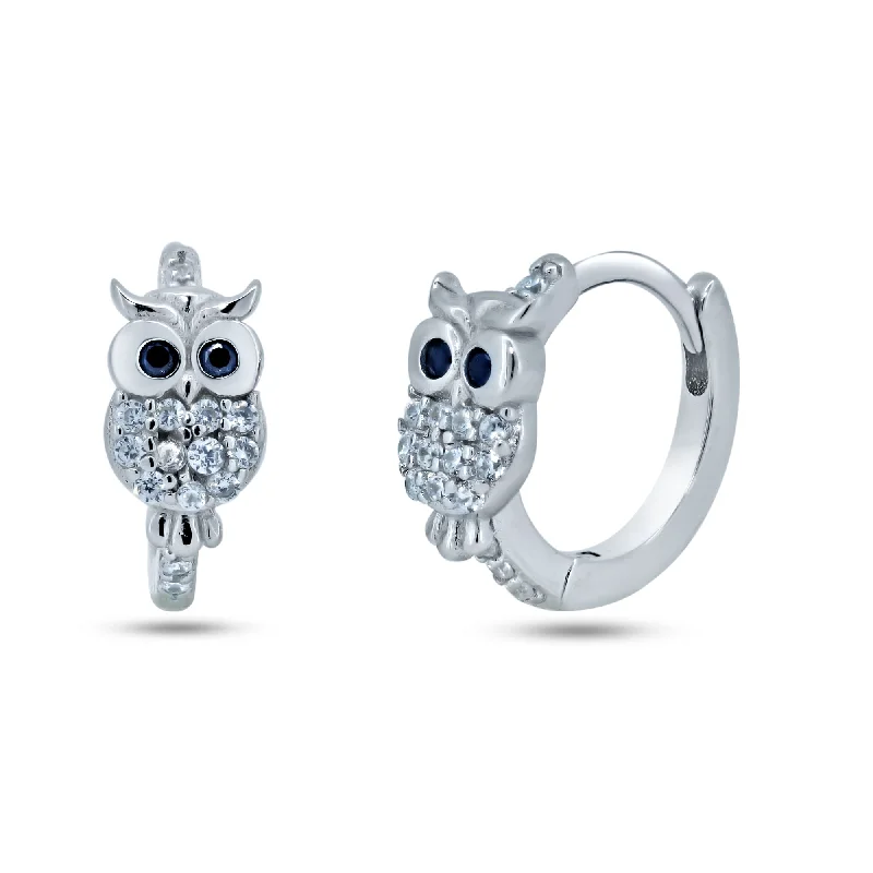 ladies-gemstone-chandelier-earrings-Sterling Silver Rhodium Plated Pave Huggie Owl Hoop Earrings - STE01366