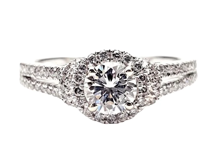 engagement-three-stone-gold-ring-Halo Style Diamond Engagement Ring .61 Carat E/VVS2