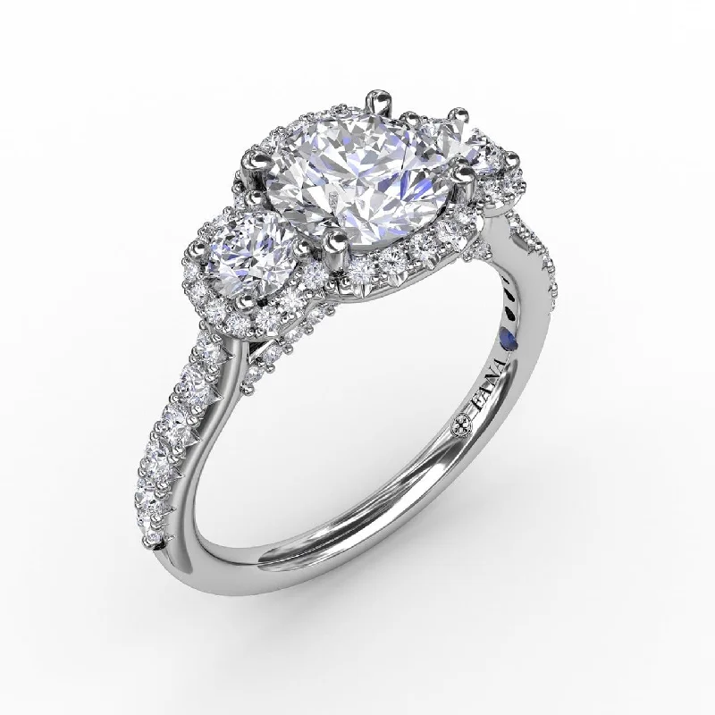 engagement-modern-platinum-ring-Three-Stone Round Diamond Halo Engagement Ring