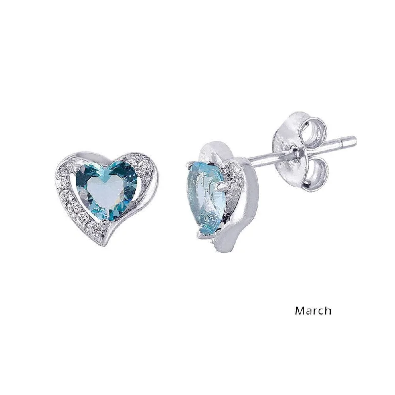 ladies-affordable-gold-earrings-Rhodium Plated 925 Sterling Silver Heart with Birthstone Center Stud Earrings March - STE01028-MAR