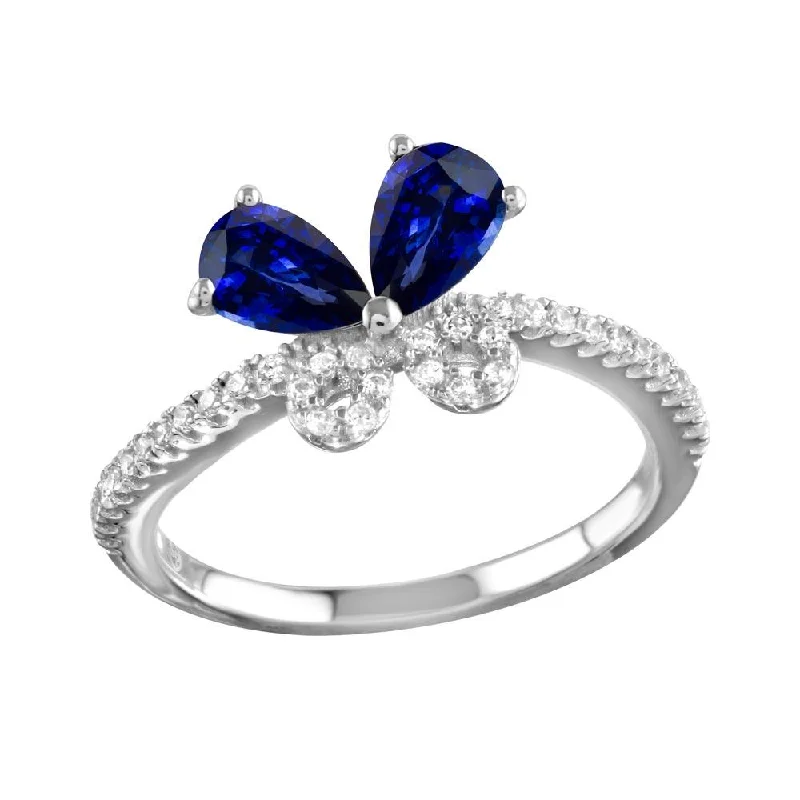 ladies ring trendy star detail-Rhodium Plated 925 Sterling Silver Blue Butterfly CZ Ring - BGR01164BLU