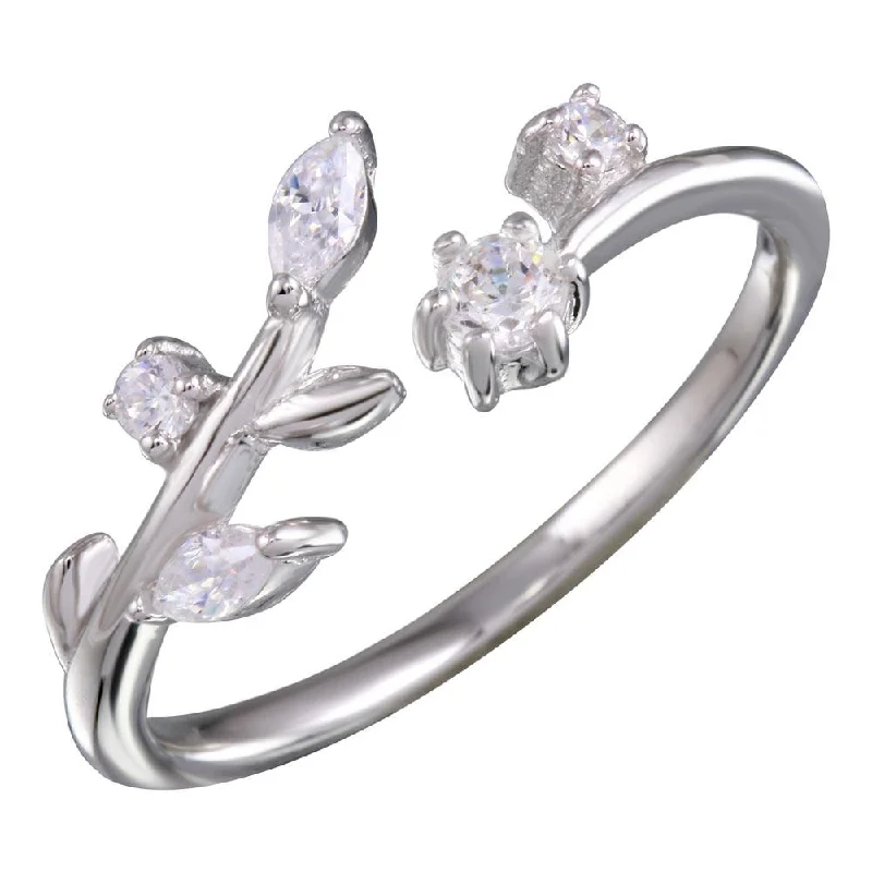 ladies ring feather silhouette-Rhodium Plated 925 Sterling Silver Stem Ring with CZ - BGR01159