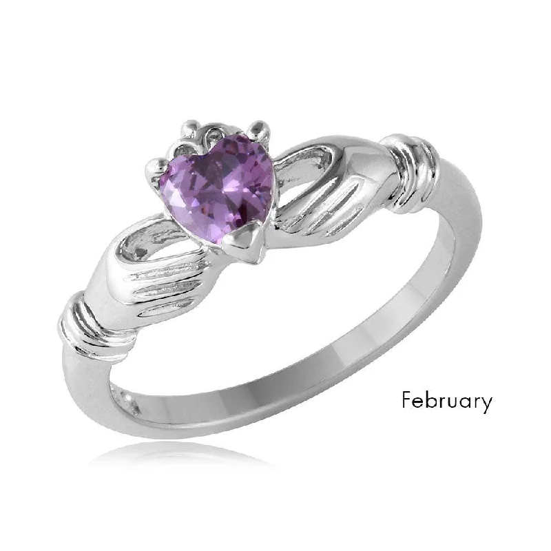 ladies ring lush aventurine-February Sterling Silver 925 Rhodium Plated CZ Center Birthstone Claddagh Ring - BGR01083FEB