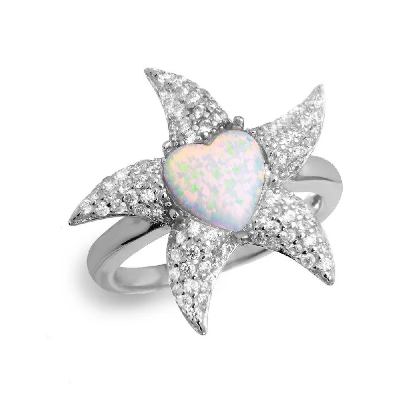 ladies ring vibrant peridot-Silver 925 Rhodium Plated Starfish Ring with Synthetic Opal and CZ - BGR01049