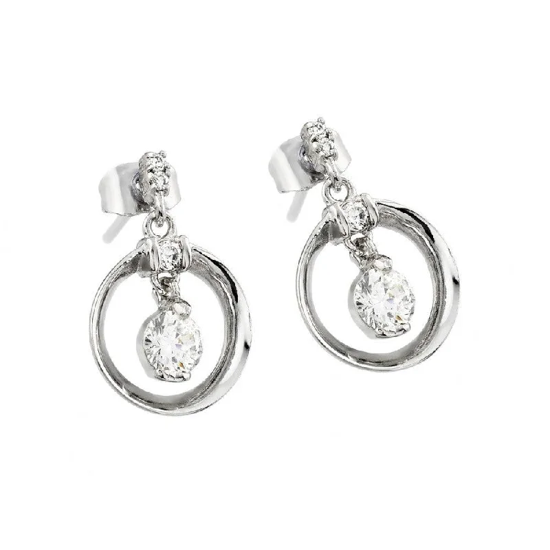 ladies-rose-gold-moon-earrings-Silver 925 Rhodium Plated Open Circle Round CZ Dangling Stud Earrings - BGE00227