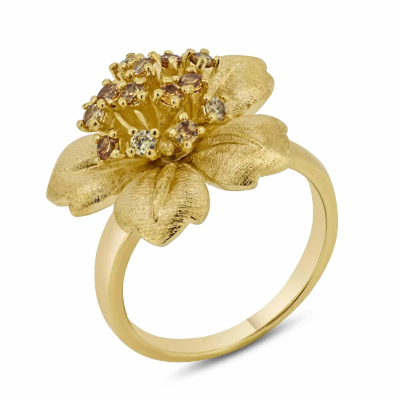 ladies ring valentine’s heart-Clearance-Silver 925 Gold Plated Clear CZ Flower Ring - BGR00161