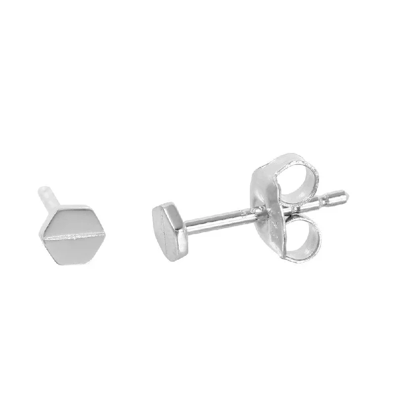 ladies-modern-pearl-earrings-Silver 925 Rhodium Plated Flat Hexagon Shaped Stud Earrings - GME00017RH