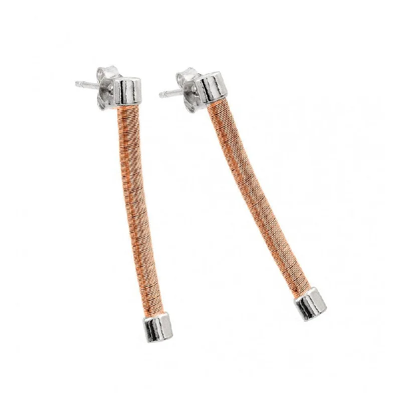 ladies-minimalist-hoop-earrings-Silver 925 Rhodium and Rose Gold Plated Long Dangling Stud Earrings ECE001RGP