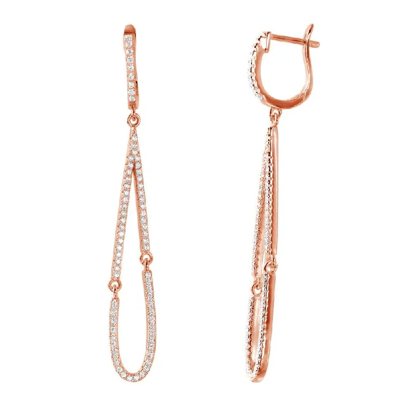 ladies-dangle-pearl-earrings-Rose Gold Plated 925 Sterling Silver Dangling Open Tear Drop CZ huggie hoop Earrings - ACE00098RGP