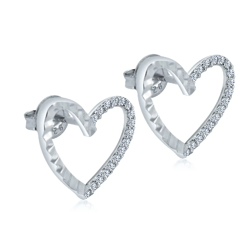 ladies-charm-diamond-earrings-Rhodium Plated 925 Sterling Silver Diamond Cut Clear CZ Heart Stud Earrings - GME00132