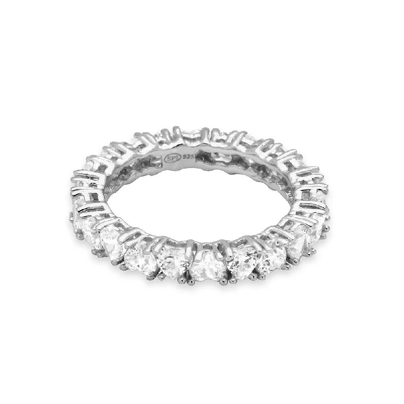 ladies ring delicate feather inlay-Silver 925 Rhodium Plated Eternity Ring with Heart Shaped CZ - GMR00138