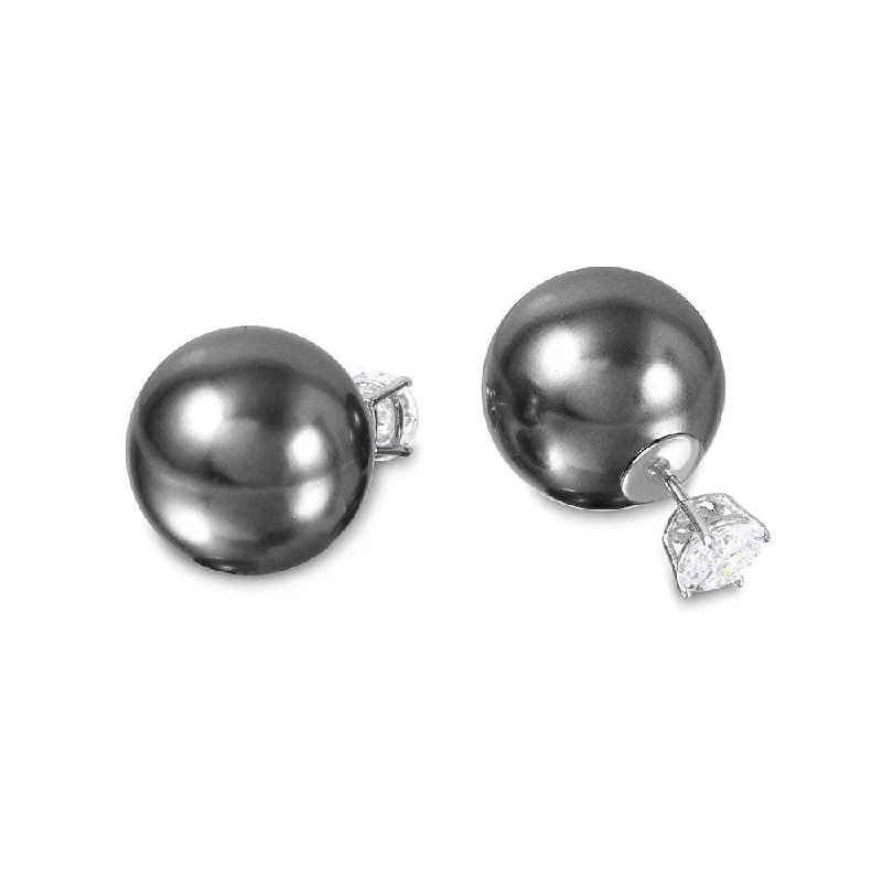 ladies-affordable-gold-earrings-Silver 925 Rhodium Plated CZ Grey Synthetic Pearls Front and Back Earring - STE00994GRY