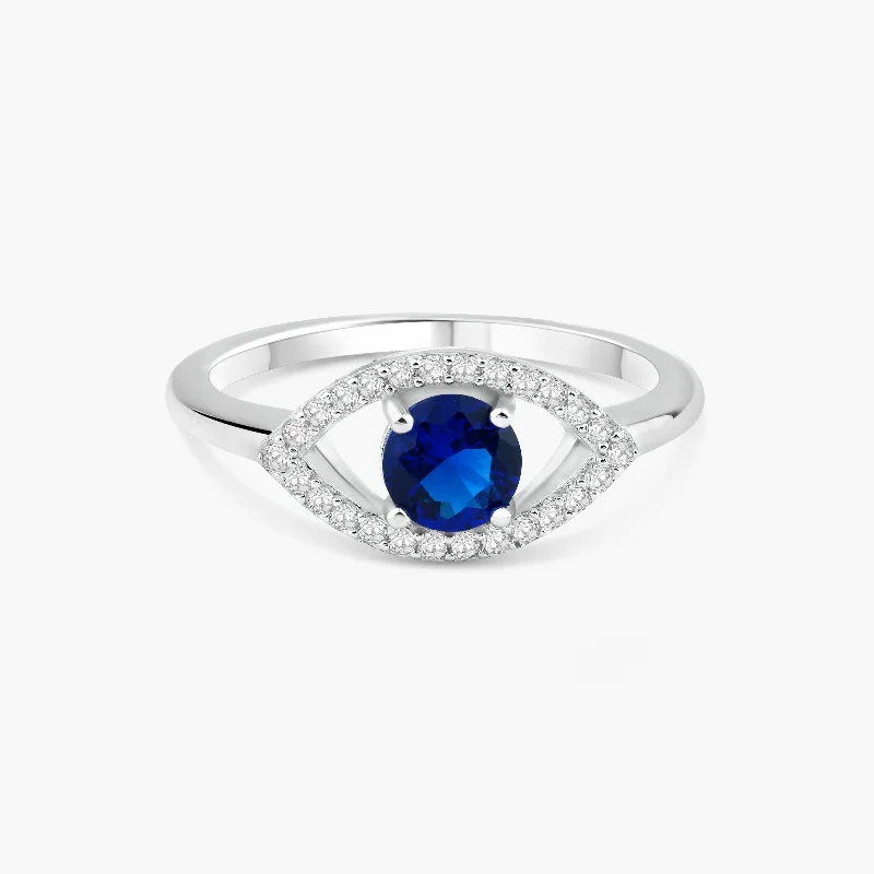 ladies ring elegant leaf motif-Rhodium Plated 925 Sterling Silver Open Evil Eye Ring with Blue Center Stones - BGR01360