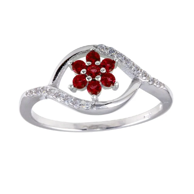 ladies ring vibrant peridot-Rhodium Plated 925 Sterling Silver Wave Red Center Flower CZ Ring - BGR01252RED