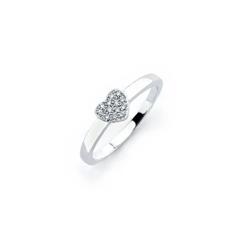 ladies ring mother’s love design-Silver 925 Rhodium Plated Clear Micro Pave Set CZ Heart Ring - BGR00744