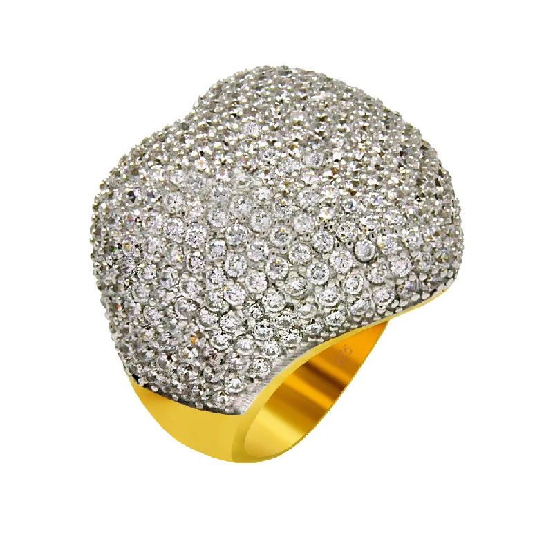 ladies ring zodiac inspired-Clearance-Silver 925 Gold Plated Pave Set Clear CZ Round Heart Ring - BGR00353