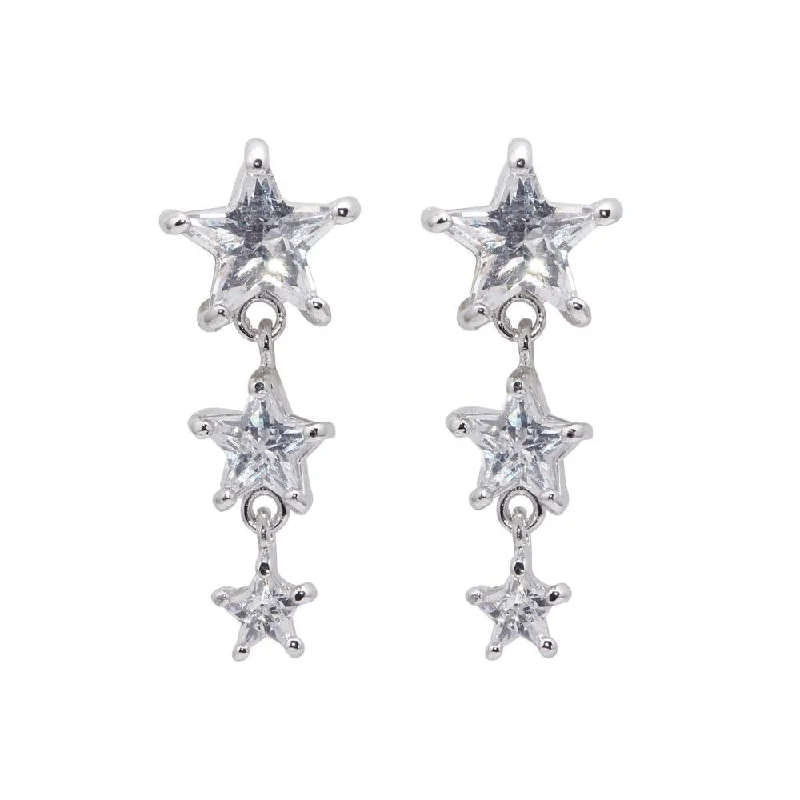 ladies-dangle-gold-earrings-Silver 925 Rhodium Plated Graduated Multiple Stars CZ Dangling Stud Earrings - BGE00070