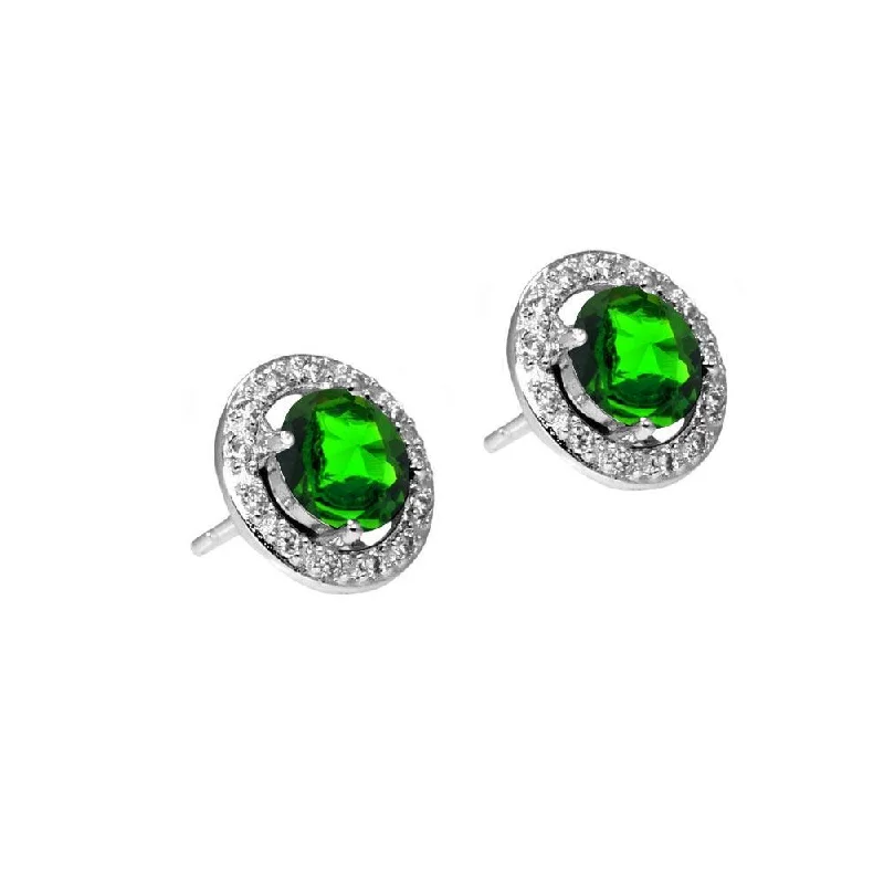 ladies-everyday-rose-gold-earrings-Silver 925 Rhodium Plated Green and Clear Round Pave CZ Stud Earrings - BGE00334