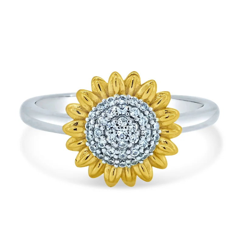 ladies ring ornate floral band-925 Sterling Silver Rhodium and Gold Plated Cubic Zirconia Sunflower Ring - STR01173