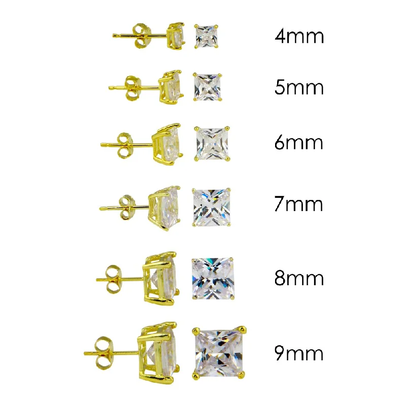 ladies-gift-earrings-Gold Plated 925 Sterling Silver Square Basket Clear CZ Stud Earring - STE00599GP