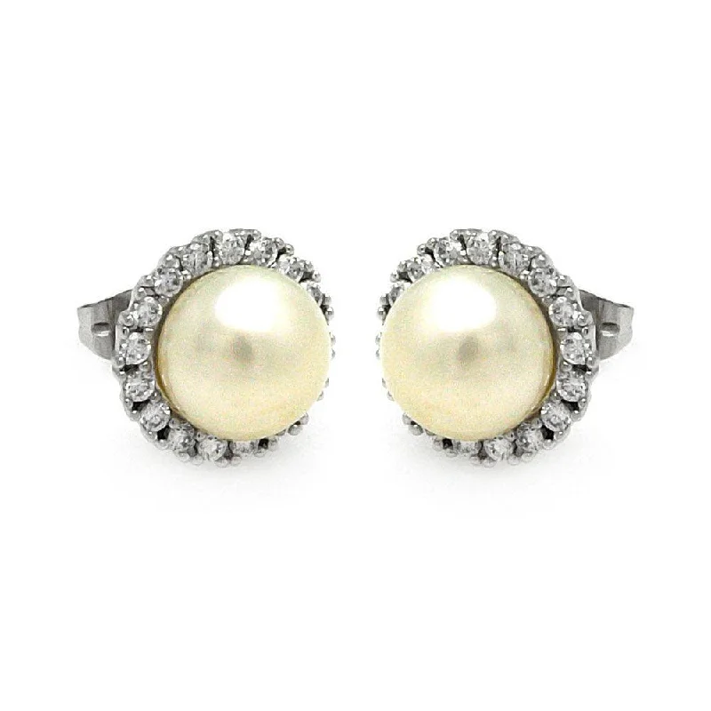 ladies-short-silver-earrings-Silver 925 Rhodium Plated Round CZ Center Fresh Water Pearl Stud Earrings - BGE00253