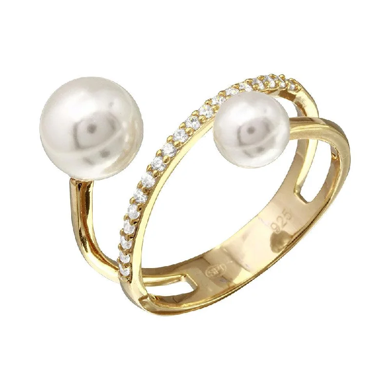 ladies ring floral petal design-Gold Plated 925 Sterling Silver Synthetic Pearl Ended Loop CZ Ring - GMR00206GP