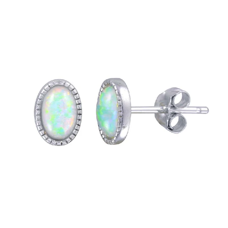 ladies-rose-gold-pearl-earrings-Rhodium Plated 925 Sterling Silver Oval Synthetic Opal Stud Earrings - STE01187