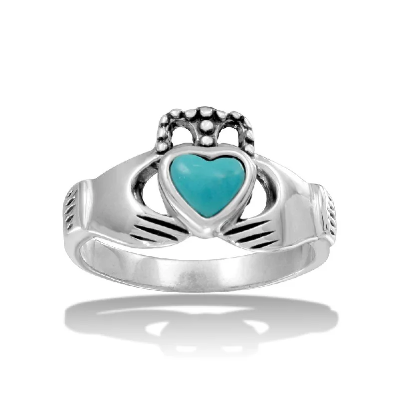 ladies ring zodiac moissanite-High Polished 925 Sterling Silver Claddagh Ring with Turquoise Heart - CR00734TRQ