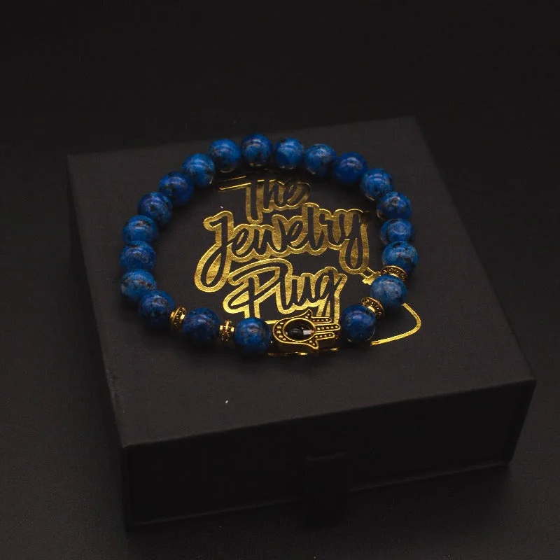 Ladies bracelets with lapis lazuli -Blue Hamsa Hand Bead Bracelet