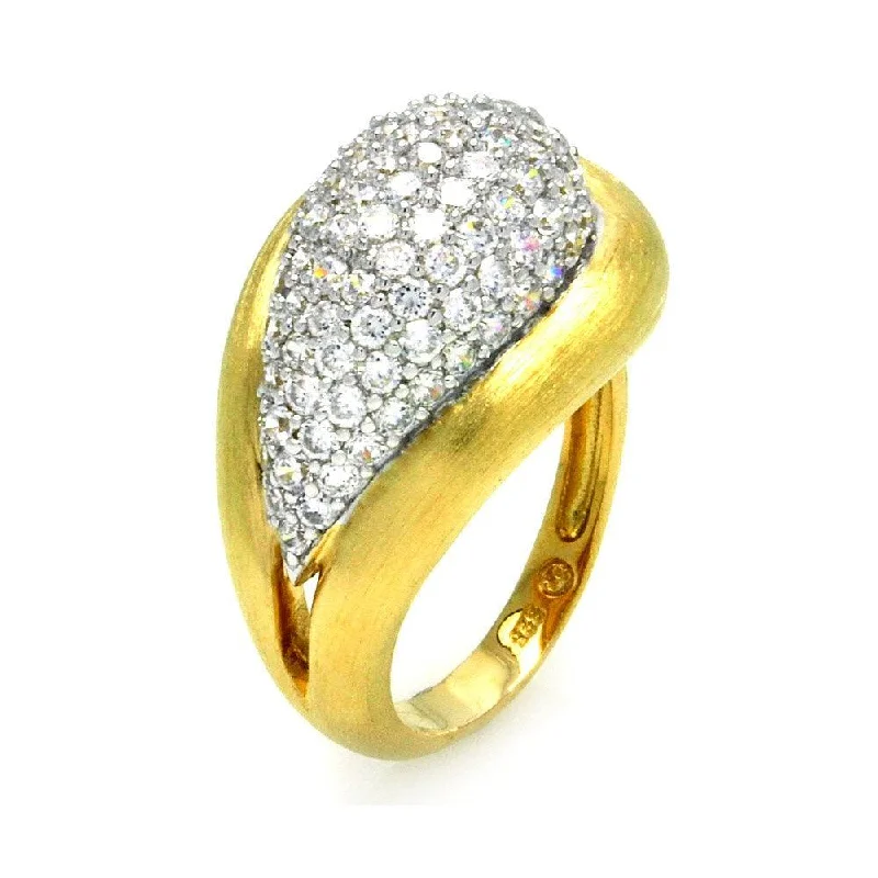 ladies ring rustic branch design-Clearance-Silver 925 Rhodium and Gold Plated 2 Toned Matte Finish Clear Pave Set CZ Teardrop Ring - BGR00285