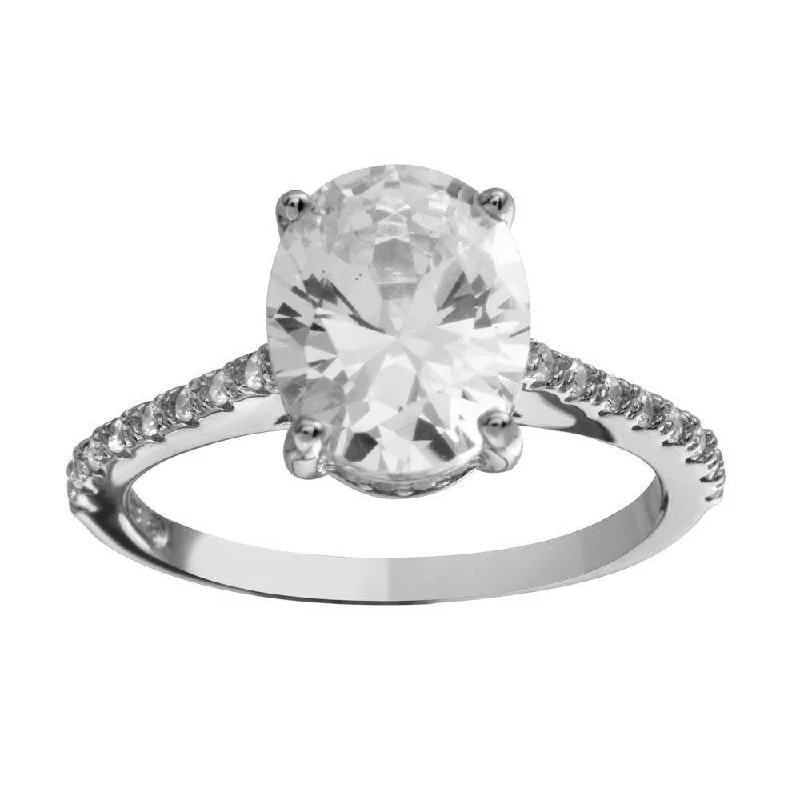 ladies ring bold statement gem-Rhodium Plated 925 Sterling Silver Oval Solitaire CZ Band Ring - BGR01184RHD