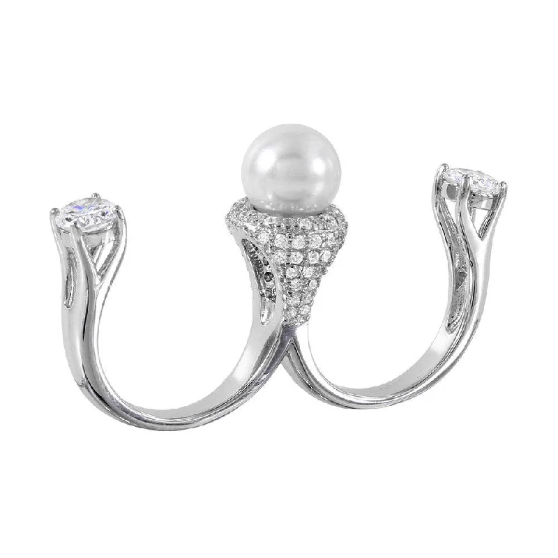 ladies ring custom infinity symbol-Silver 925 Rhodium Plated Pearl Two Finger Open Ring with CZ Accents - BGR00980