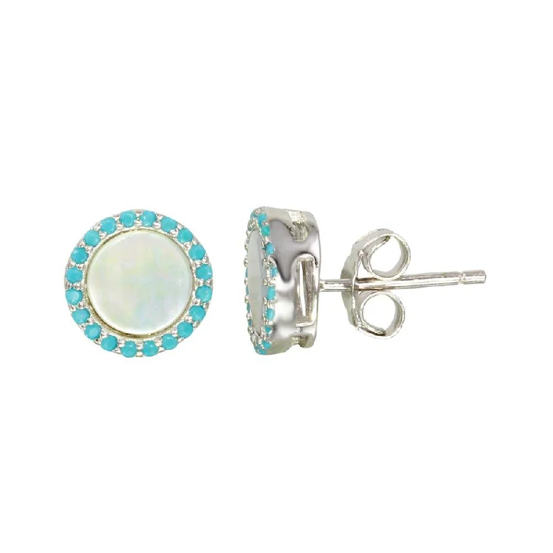 ladies-minimalist-gold-earrings-Rhodium Plated 925 Sterling Silver Round Opal Stud Earrings with Blue CZ Stones - STE01125BLU