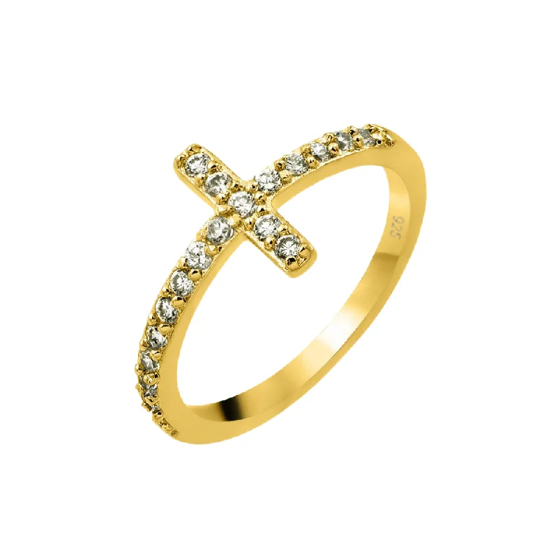 ladies ring trendy star detail-Silver 925 Gold Plated Clear Inlay CZ Cross Ring - BGR00783GP