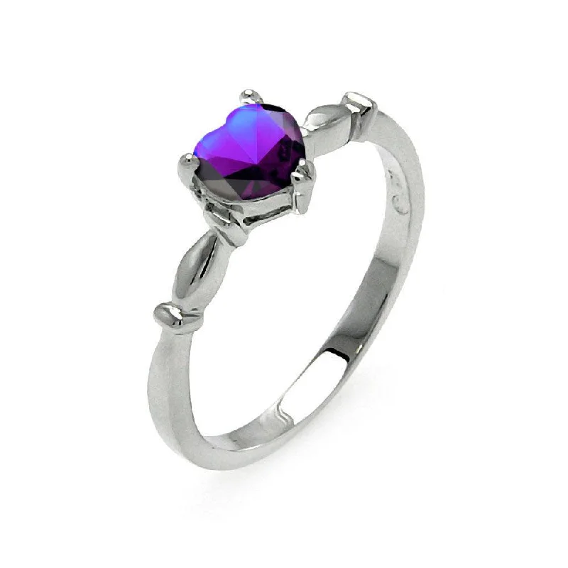 ladies ring sleek arrow motif-Rhodium Plated 925 Sterling Silver CZ Heart Purple February Ring - BGR00521FEB