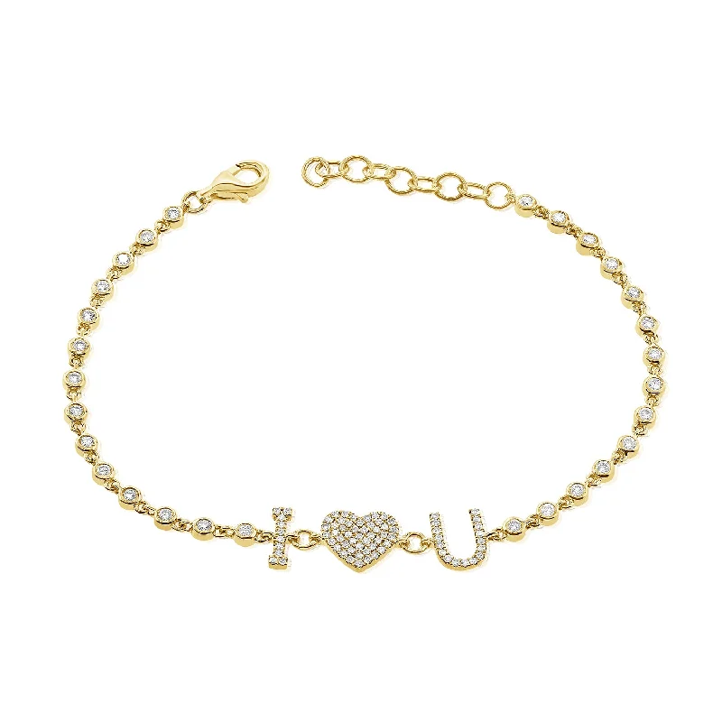 Ladies bracelets sleek cuffs -"I Love U" Diamond Pave Bracelet in 14K Gold