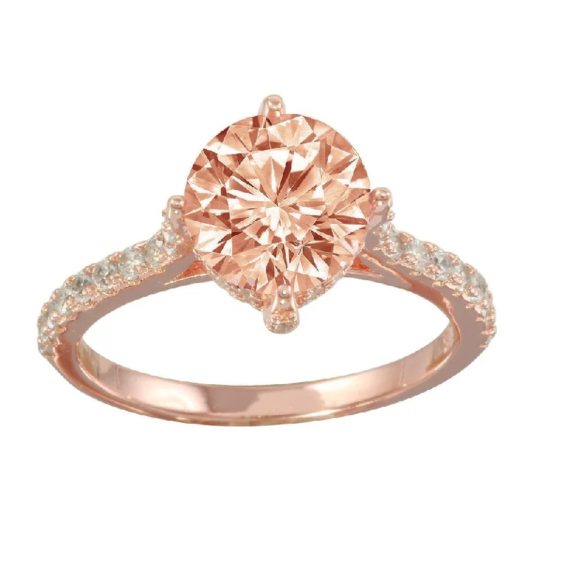 ladies ring elegant leaf motif-Rose Gold Plated 925 Sterling Silver Pink CZ Ring - STR01098