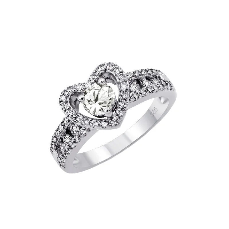 ladies ring rustic branch design-Silver 925 Rhodium Plated Clear Round Center CZ Heart Ring - BGR00789