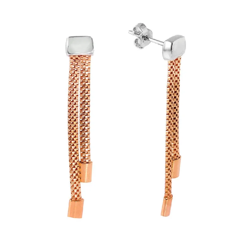 ladies-unique-hoop-earrings-Silver 925 Rose Gold Plated 2 Strand Dangling Earrings - ITE00067RGP