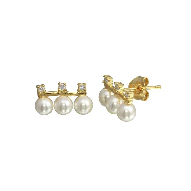 ladies-delicate-diamond-earrings-Gold Plated 925 Sterling Silver CZ Dangling 3 Faux Pearls Earring - BGE00657