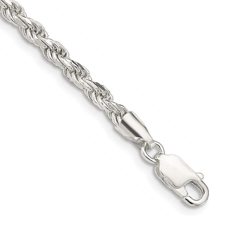 Ladies bracelets with rainbow charms -Sterling Silver 3mm Diamond-cut Rope Chain Bracelet