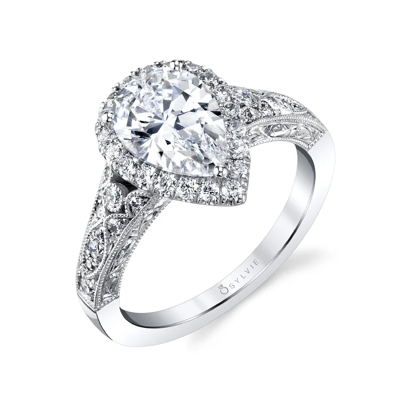 engagement-cushion-cut-rose-gold-ring-Sylvie Collection 14K White Gold Pear Engagement Ring Setting W. 2Ct Ps/Ps Halo