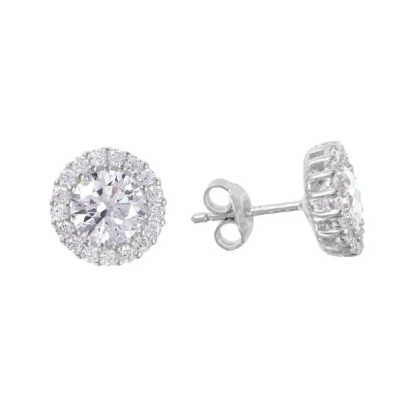 ladies-drop-gold-earrings-Silver 925 Rhodium Plated Round CZ Halo Stud Earrings - GME00014