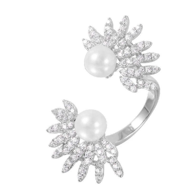 ladies ring unique vine pattern-Silver 925 Rhodium Plated Synthetic Pearl Burst Open CZ Ring - GMR00067