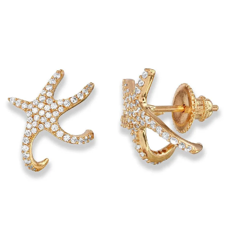 ladies-modern-rose-gold-earrings-Silver 925 Gold Plated Hugging CZ Starfish Earrings - GME00045GP